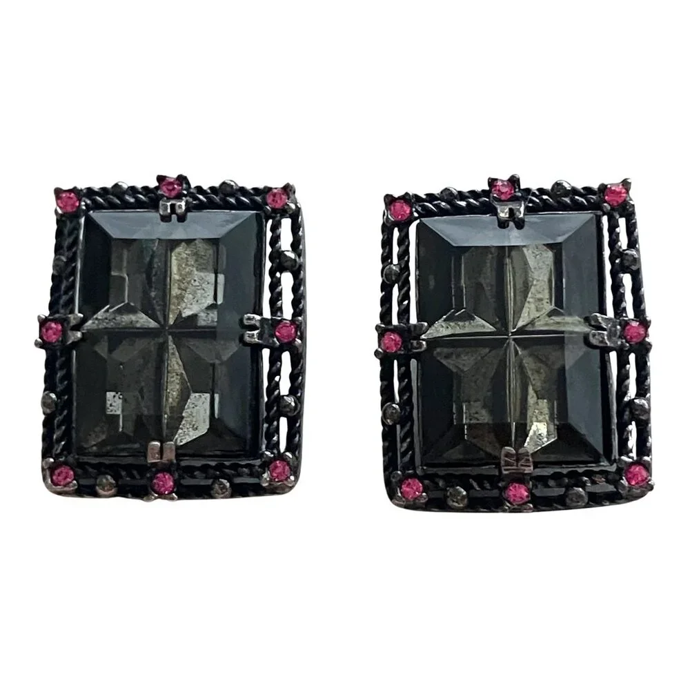 Vintage 50s Signed Sarah Coventry Midnight Magic Black Smoky Stone Clip Earrings